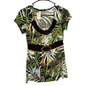 New Maurices Empire Shirt Women Palm Tropical Belted Jungle Short Sleeve Small